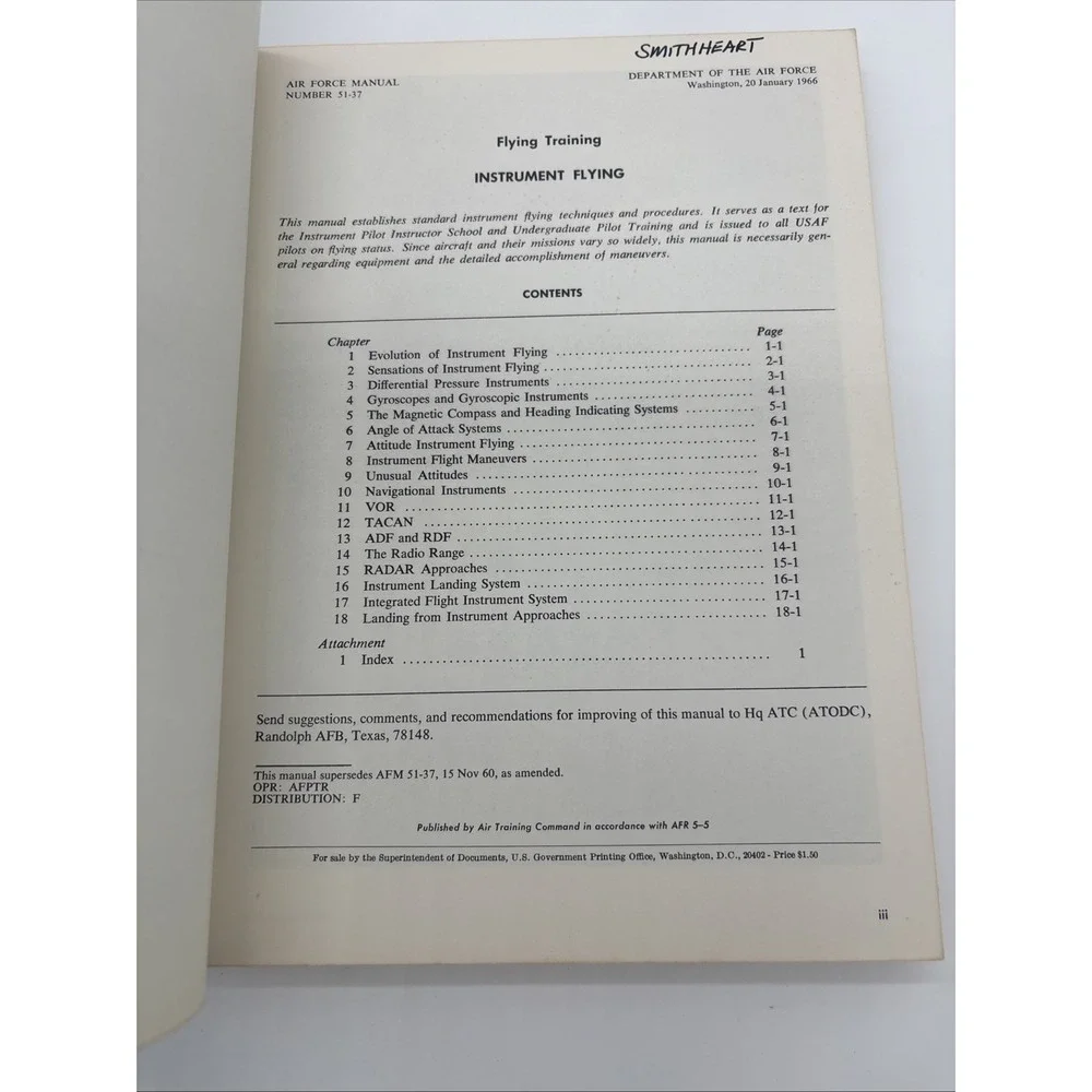 INSTRUMENTAL FLYING AF MANUAL 51-37 DEPT OF THE AIR FORCE 1966 Vietnam Military
